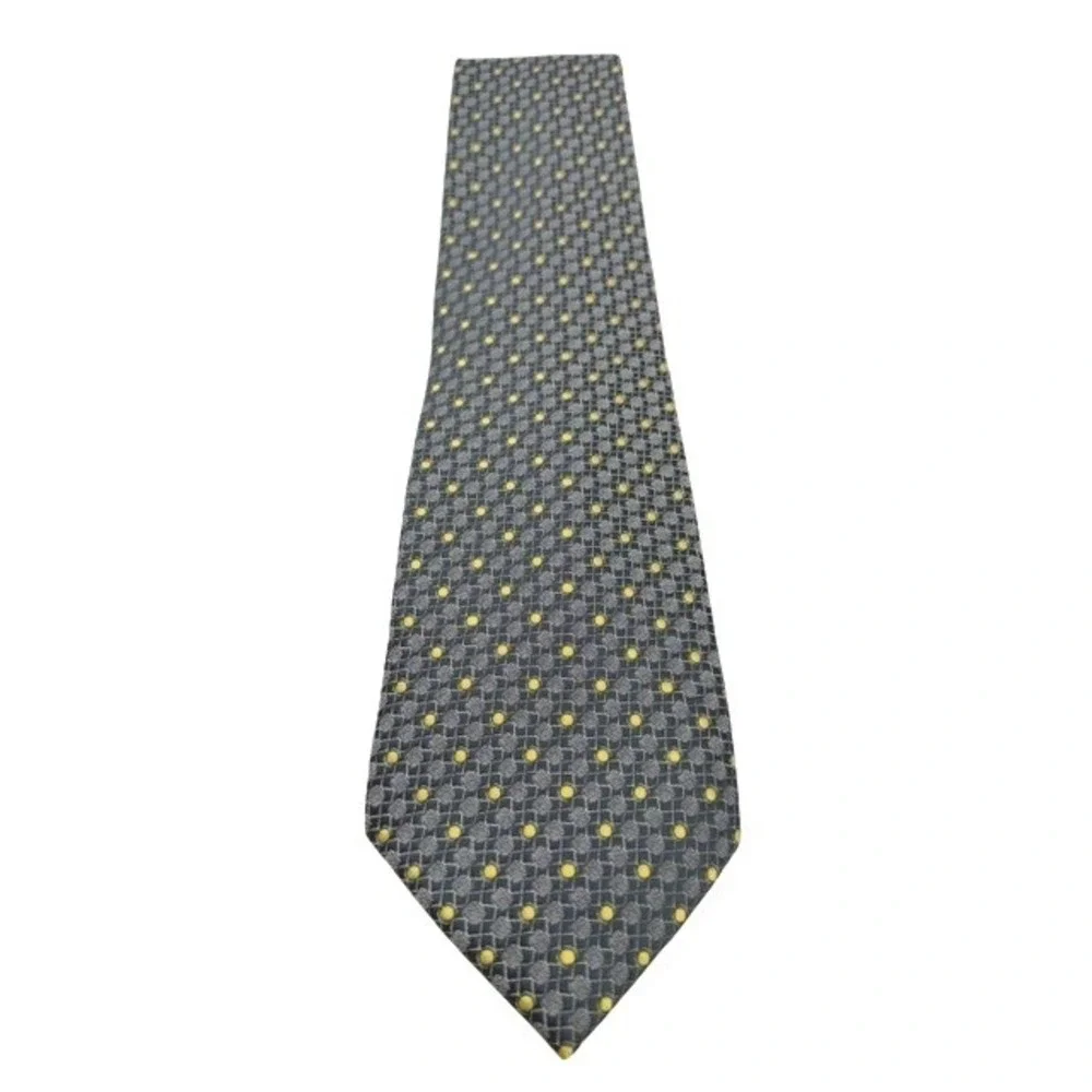 Ermenegildo Zegna Silk Tie‎ Mens Grey Navy Yellow Geometric Polka Dot Wide Italy